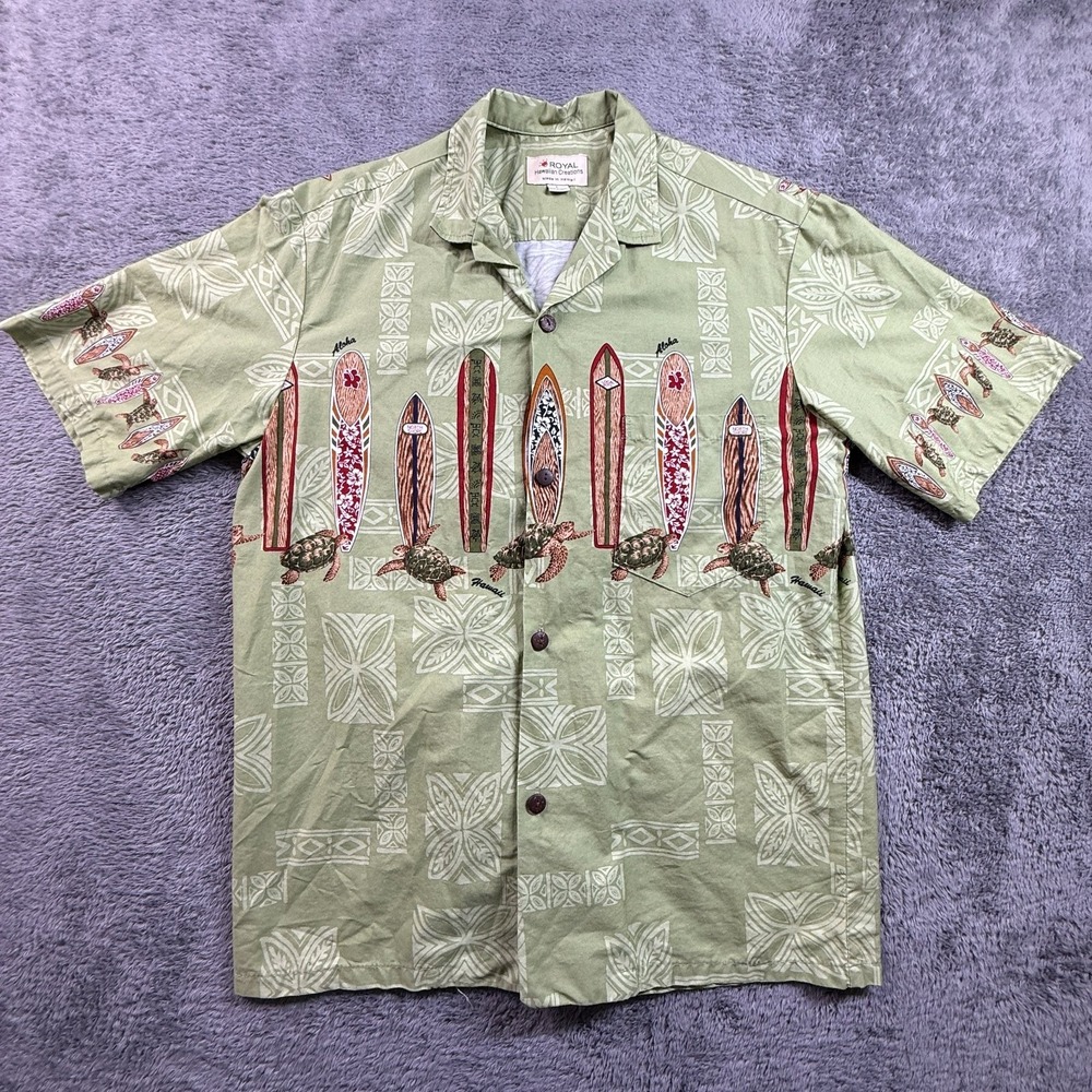 Royal Hawaiian Creations Men L Green Surfboard Turtle Hawaiian Button Shirt